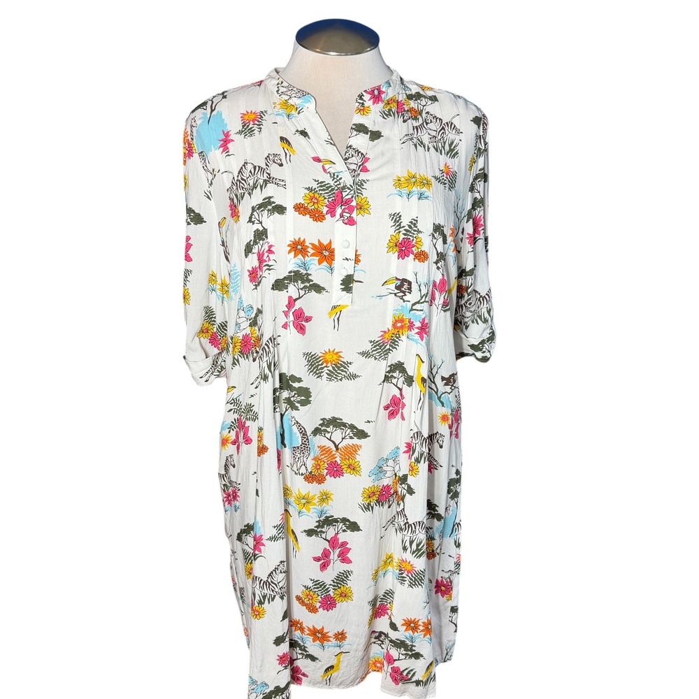 Kim Rogers XXL Safari Animal Print Tunic Dress White Floral Rayon Roll Sleeve